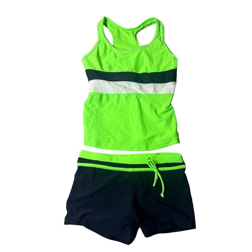 Jerris Apparel Swimsuit Girls 3XL 10-11 Green Black Two‎ Piece Tankini Swim NEW
